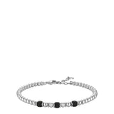 Men's bracelet with silver-toned spherical beads and three black cubic hematite elements, featuring a lobster clasp.