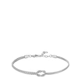 Silver-toned men's steel bracelet with a central knot design, featuring one smooth snake chain and one textured pavé-effect s