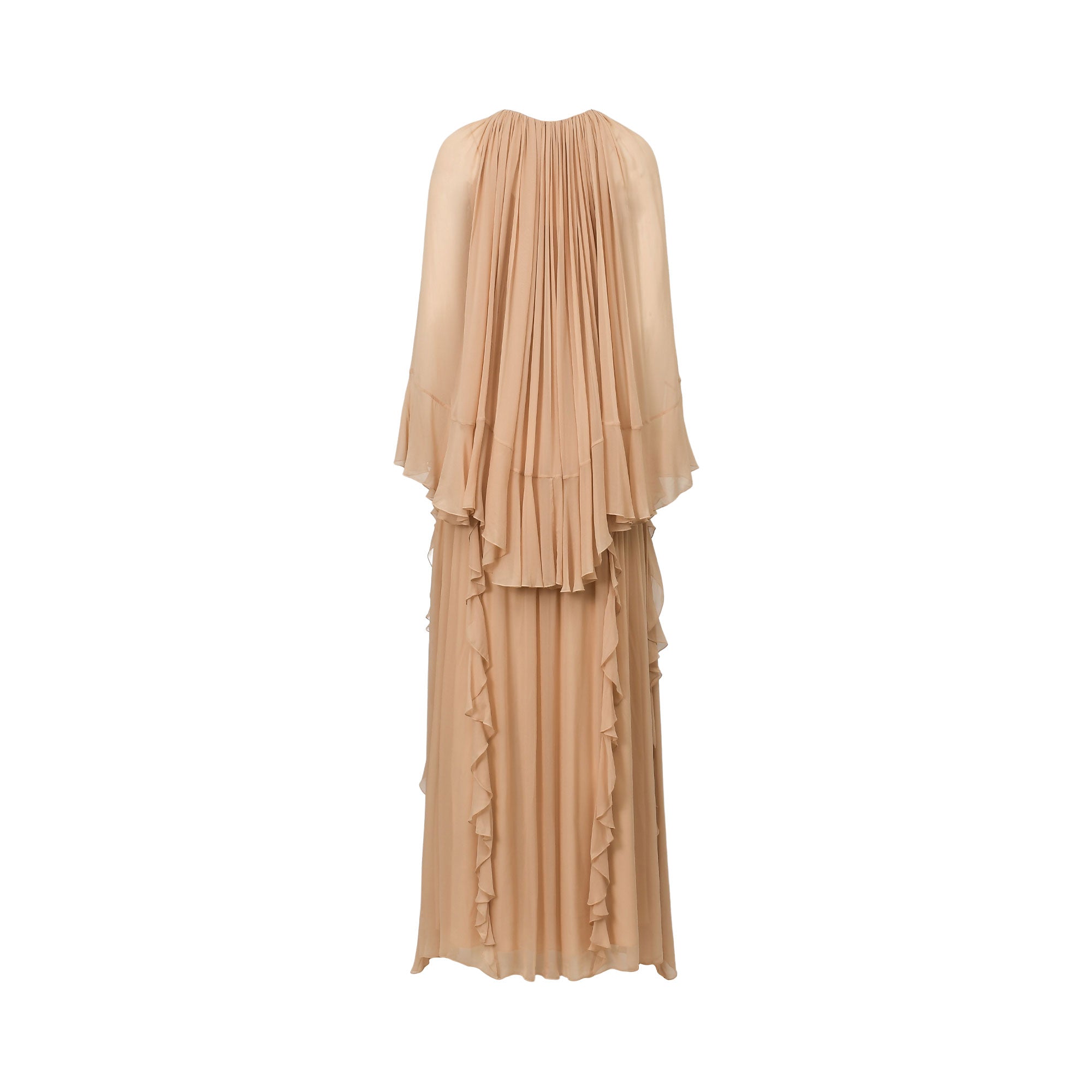 Powder beige pleated maxi dress with a gathered neckline, flowing cape-like top, and vertical ruffles down the skirt.