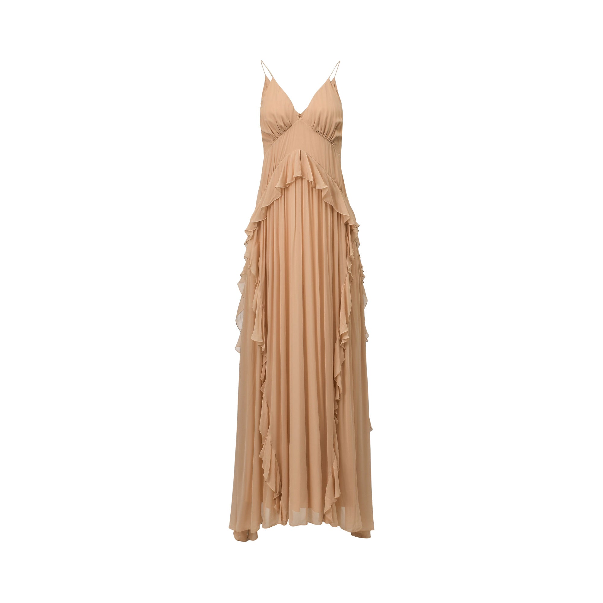 Powder-colored maxi dress with V-neck, spaghetti straps, ruched bodice, and cascading ruffles down the flowing skirt.
