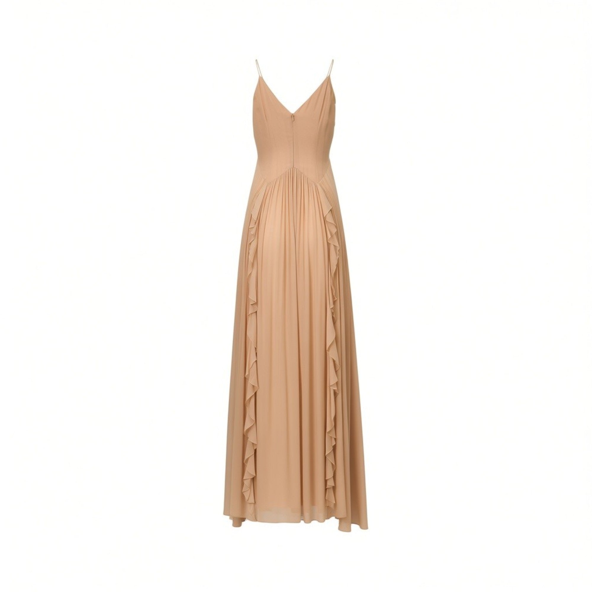 Powder maxi dress with V-neck back, spaghetti straps, gathered waist, flowing skirt with vertical ruffles on both sides, and