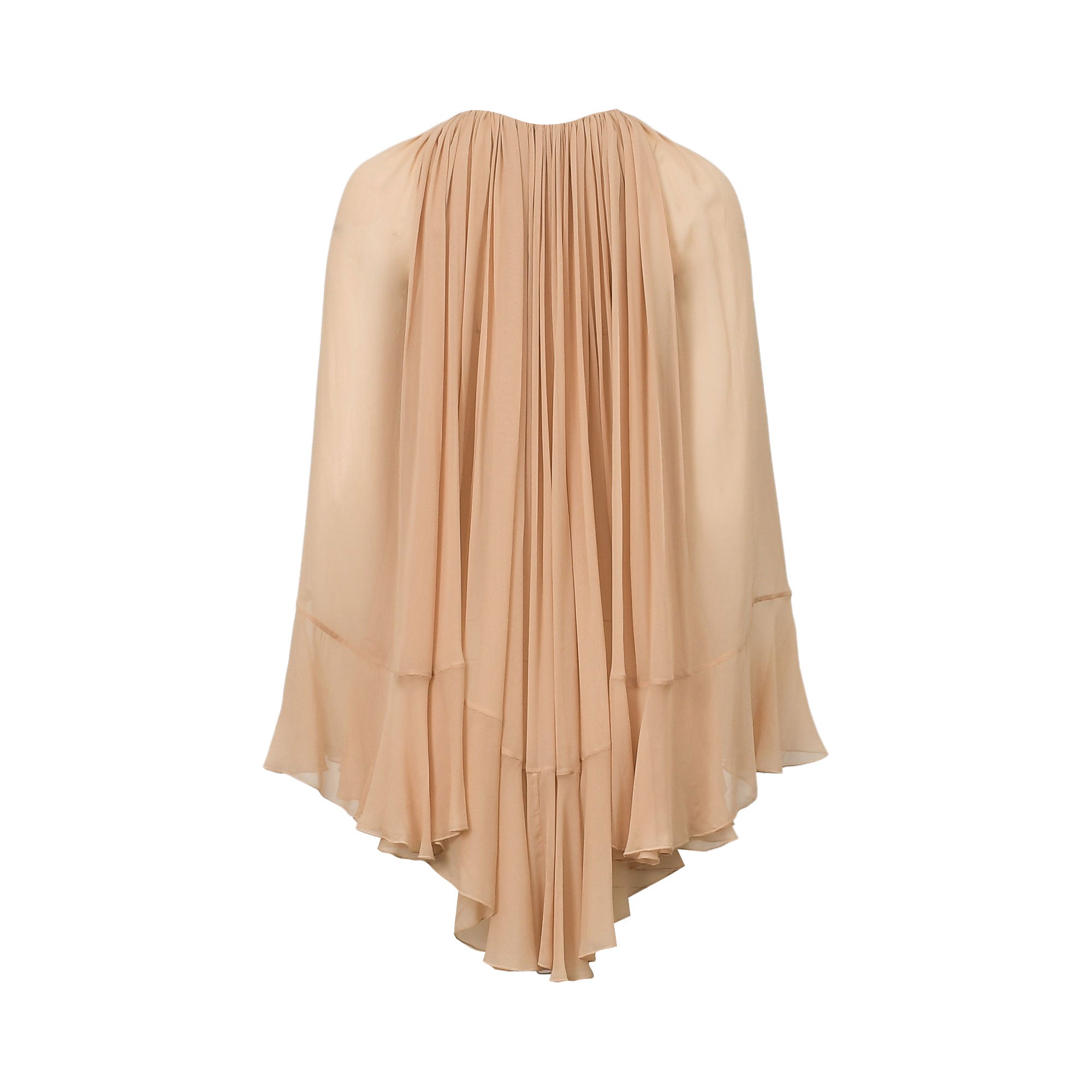 Light peach draped dress with a gathered neckline, flowing pleated back, and layered, asymmetrical hem.