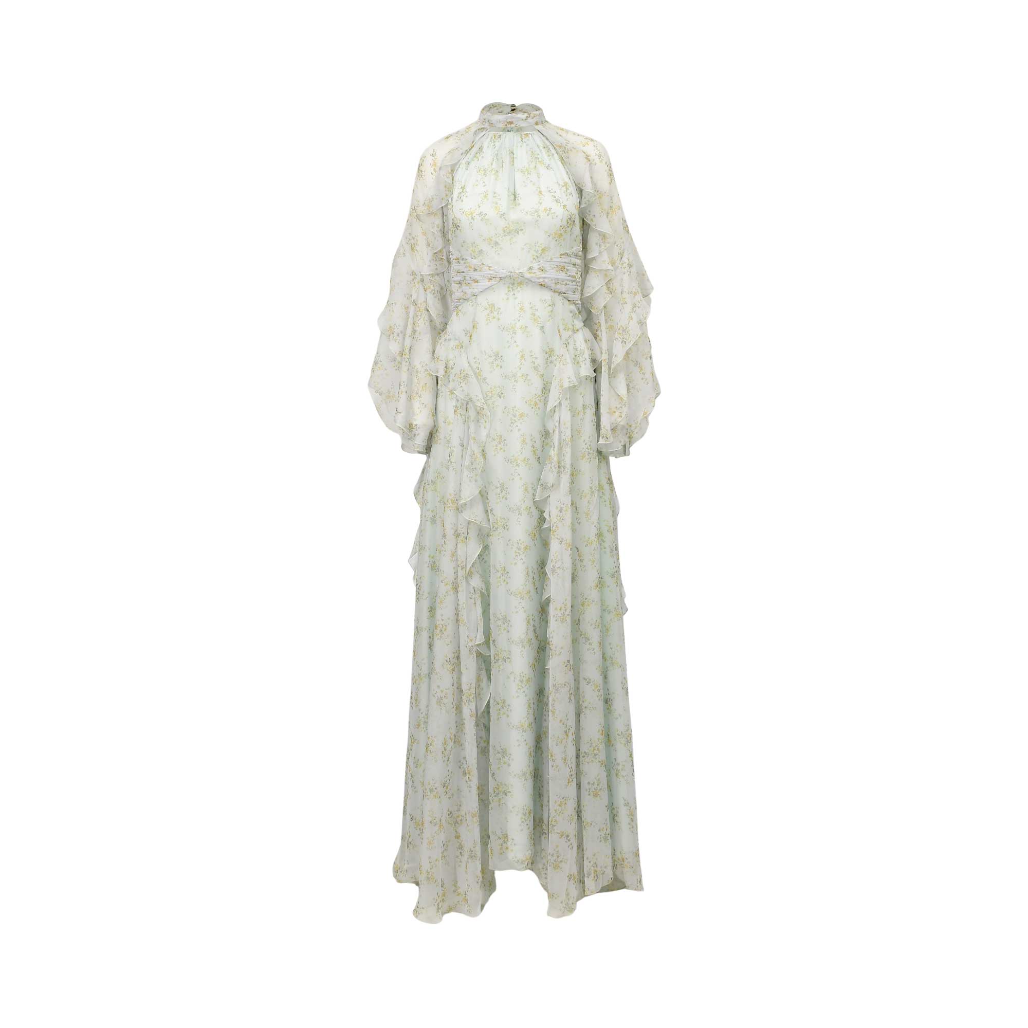 Light green maxi dress with yellow floral pattern, high ruffled neck, long voluminous sleeves, and tiered ruffles on the skir