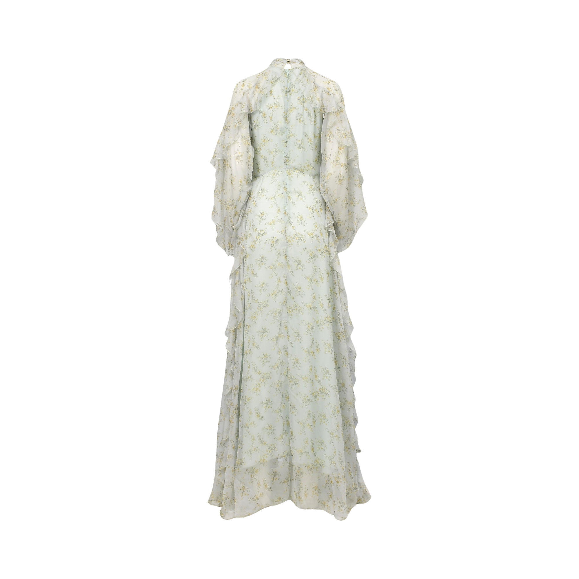 Light green maxi dress with yellow floral pattern, high neck, long tiered ruffled sleeves, and ruffles down the skirt.