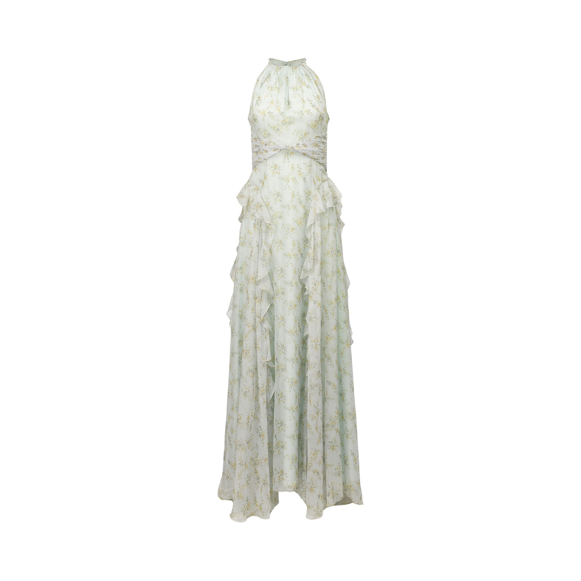 Light green maxi dress with a yellow floral pattern, halter neck, ruched waist, and cascading ruffles down the skirt.