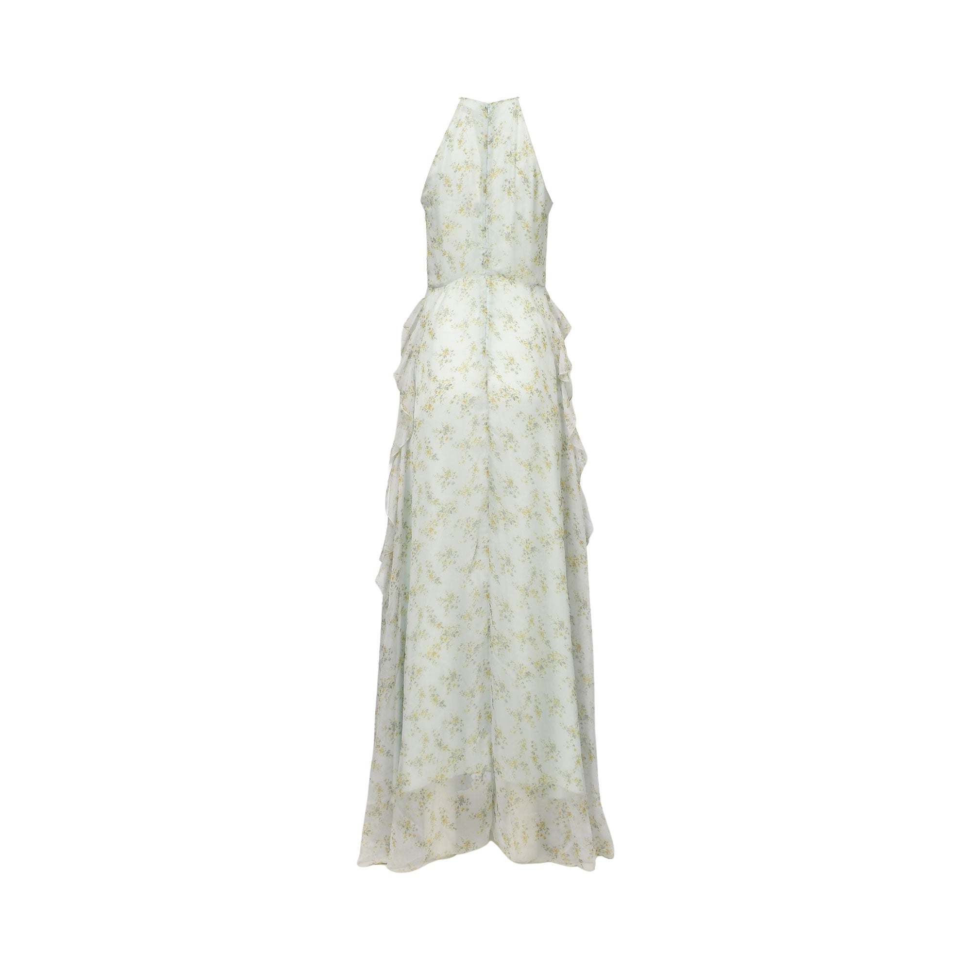 Light green halter neck maxi dress with a yellow floral pattern, vertical side ruffles, and a back zipper.