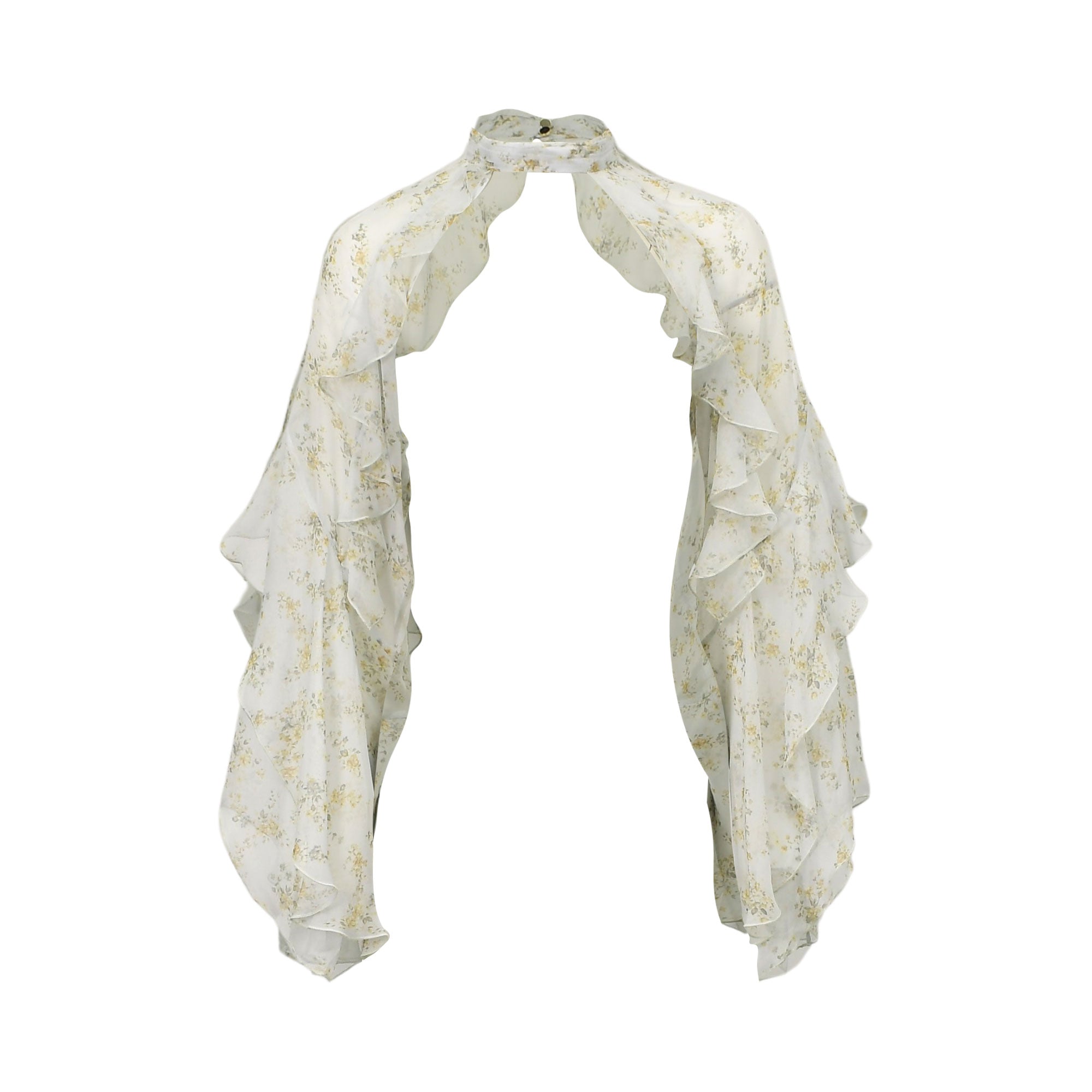 Off-white chiffon dress with yellow floral pattern, high mock neck, back button closure, and long, ruffled, flowing sleeves.
