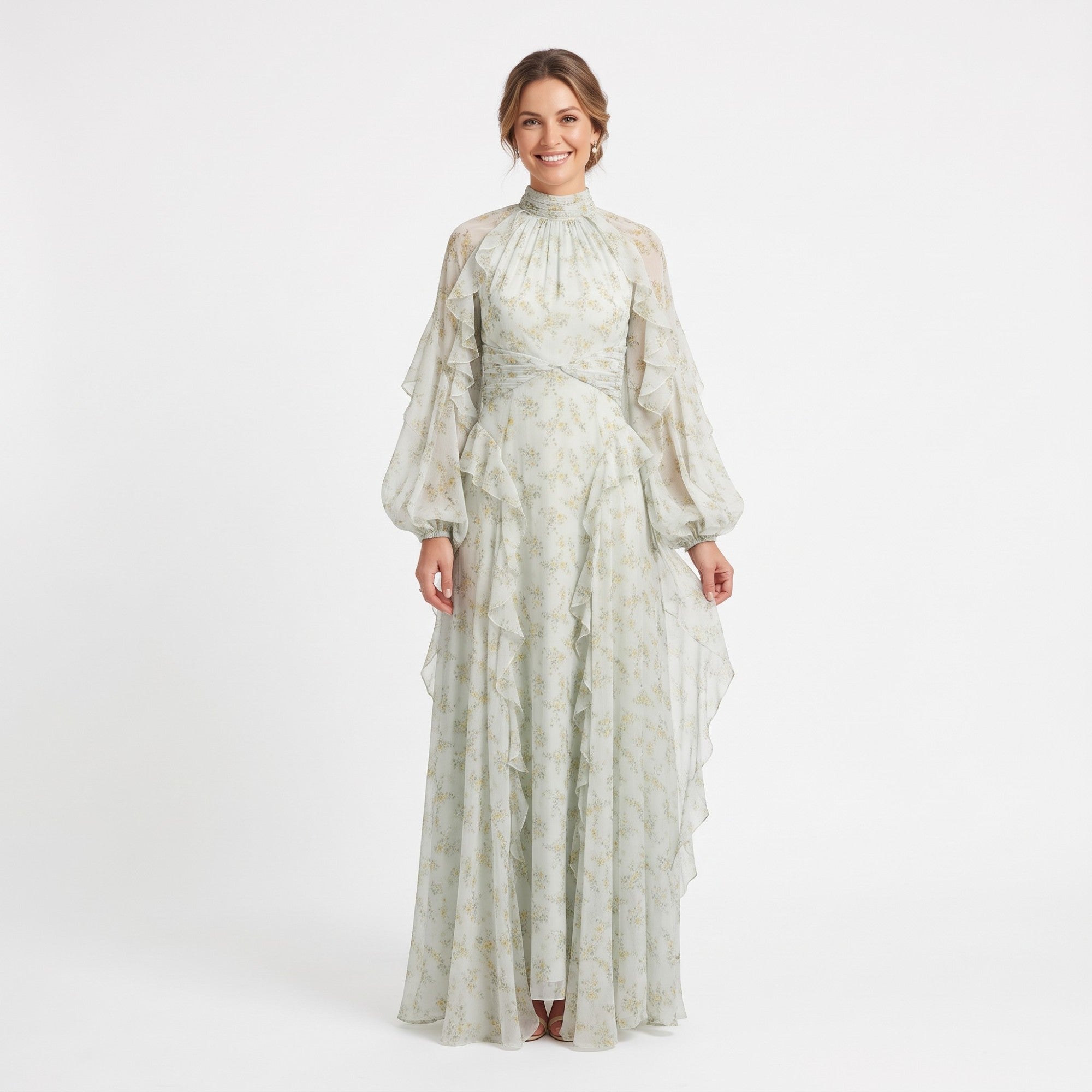 Light green floral maxi dress with a ruffled mock neck, sheer tiered ruffled sleeves, ruched waist, and a flowing ruffled ski