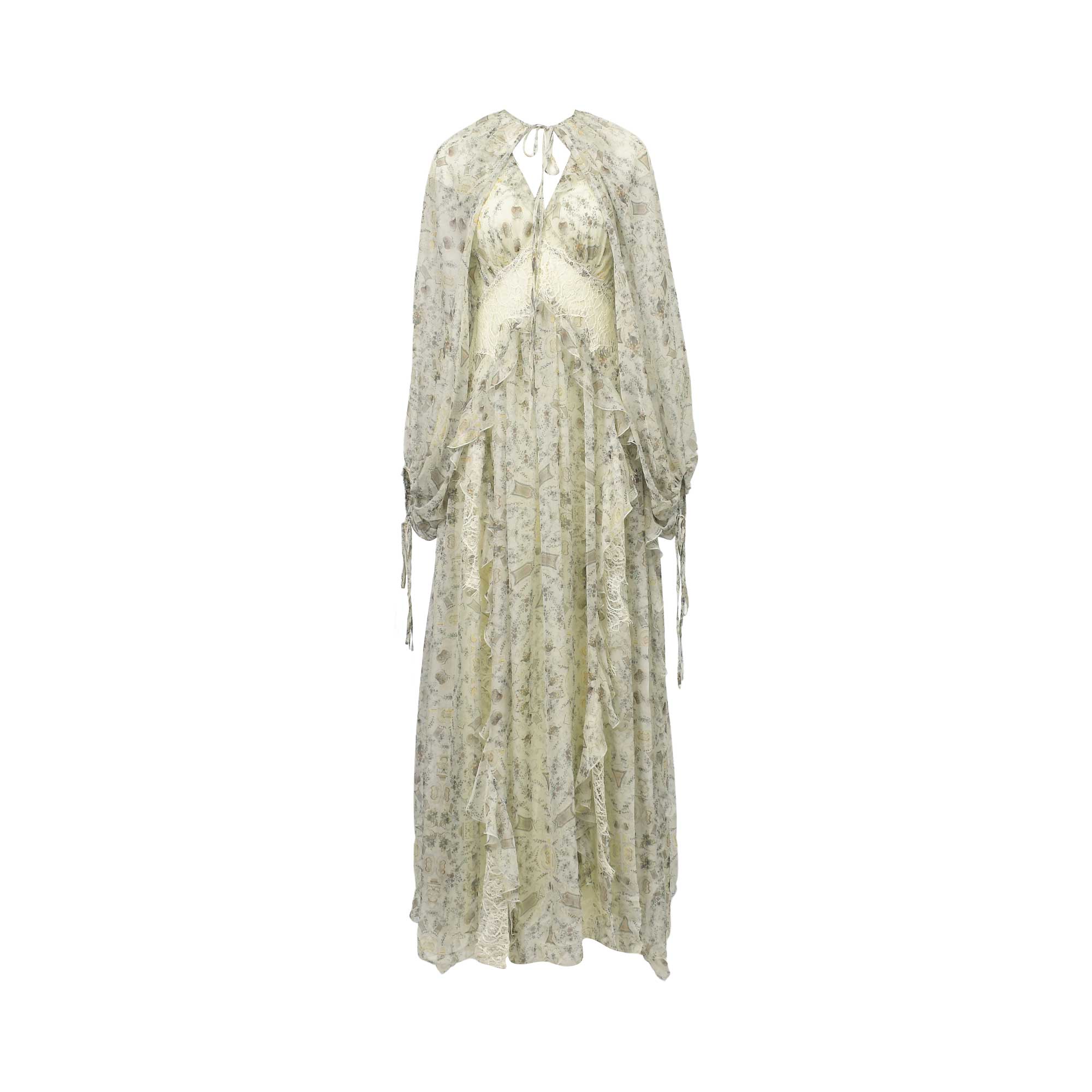 Light cream floral pattern maxi dress with long voluminous sleeves, V-neckline, and lace bodice insert.