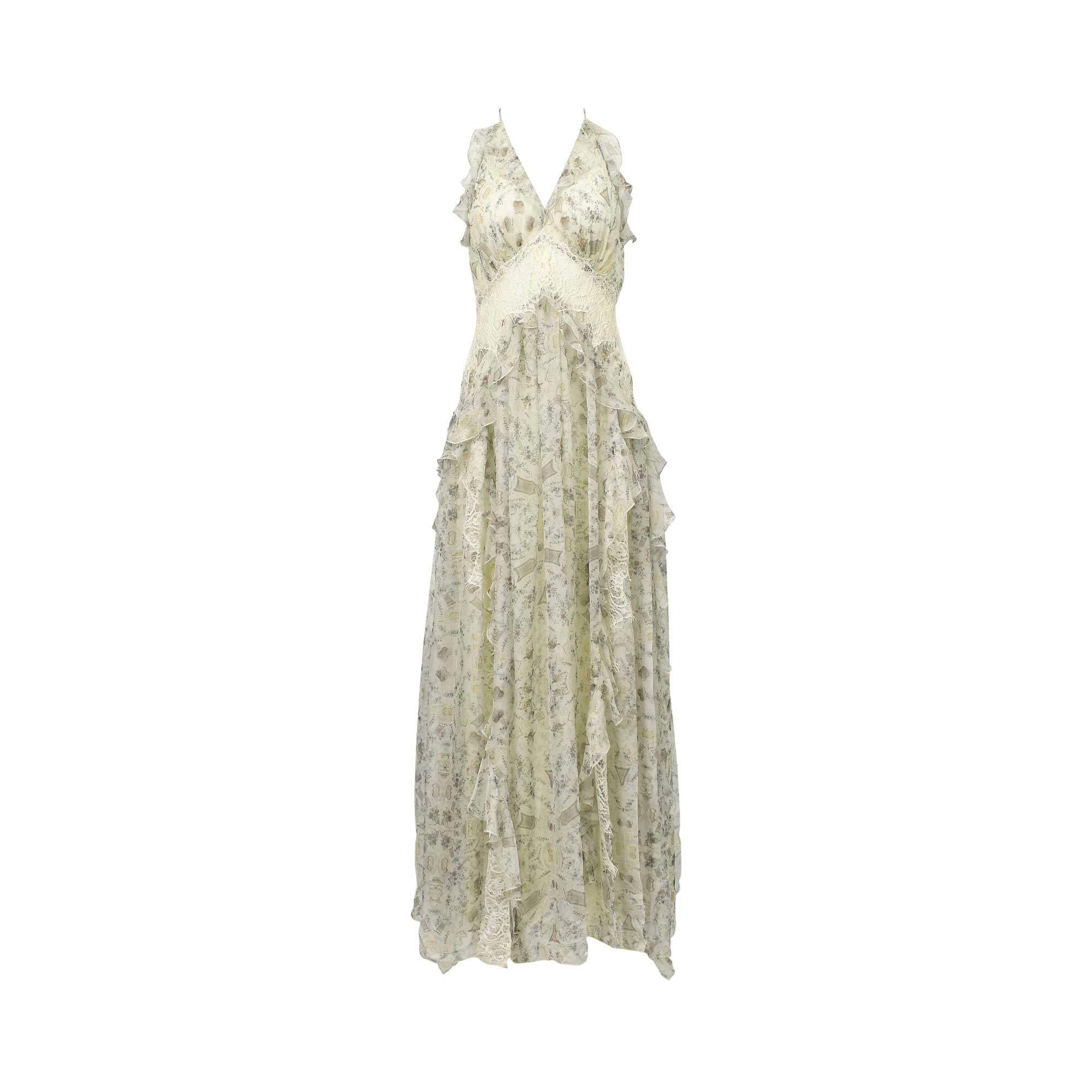 Light cream maxi dress with subtle floral pattern, V-neck, ruffled straps, lace trim under bust, and tiered ruffled skirt wit