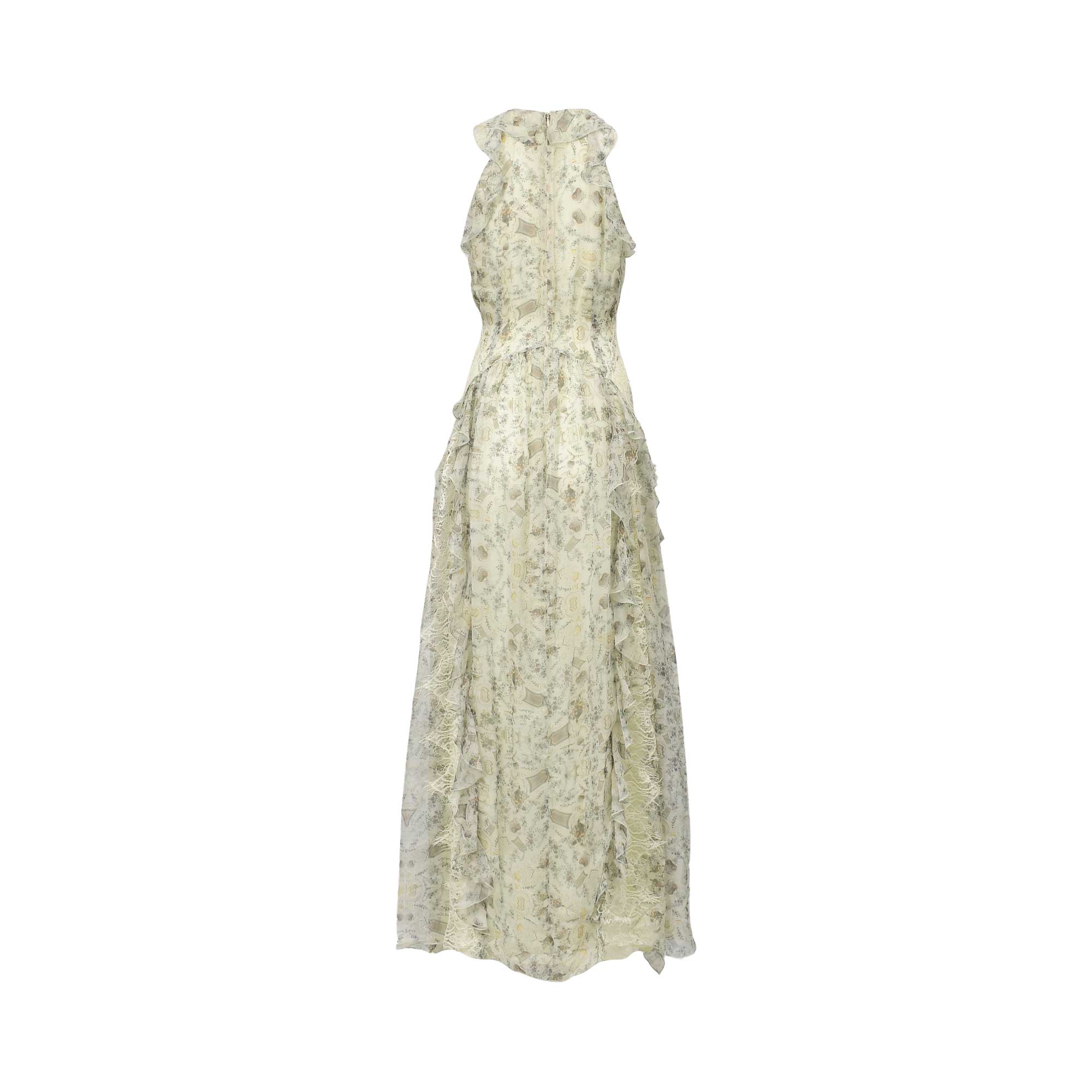 Cream maxi dress with muted floral pattern, ruffled halter neckline, sleeveless, and vertical ruffles on the skirt. Back zipp