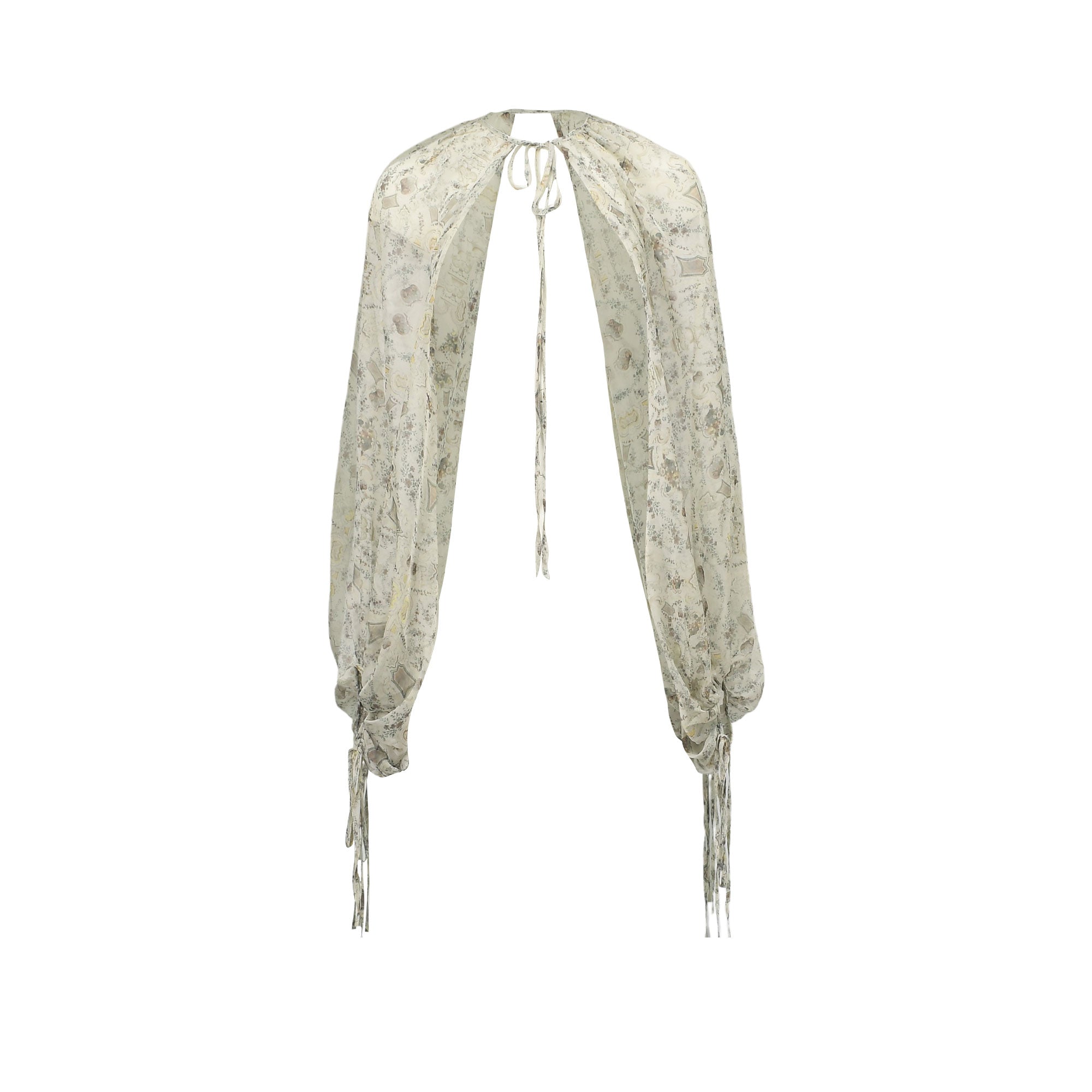 Sheer cream floral long-sleeve bolero with neck tie and gathered cuffs with ties.