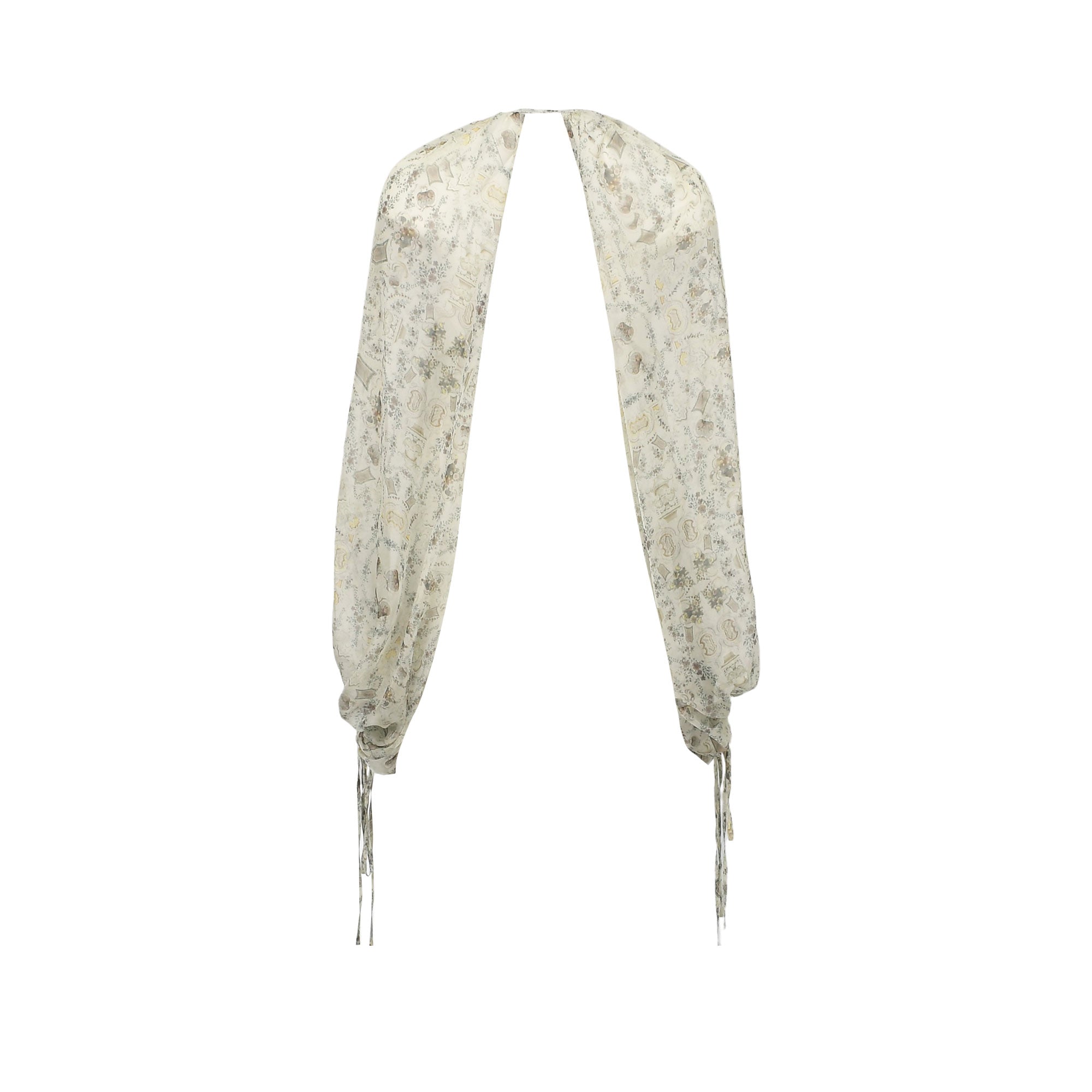 Sheer off-white open-front garment with long, voluminous sleeves, muted floral pattern, and ruched cuffs with ties.