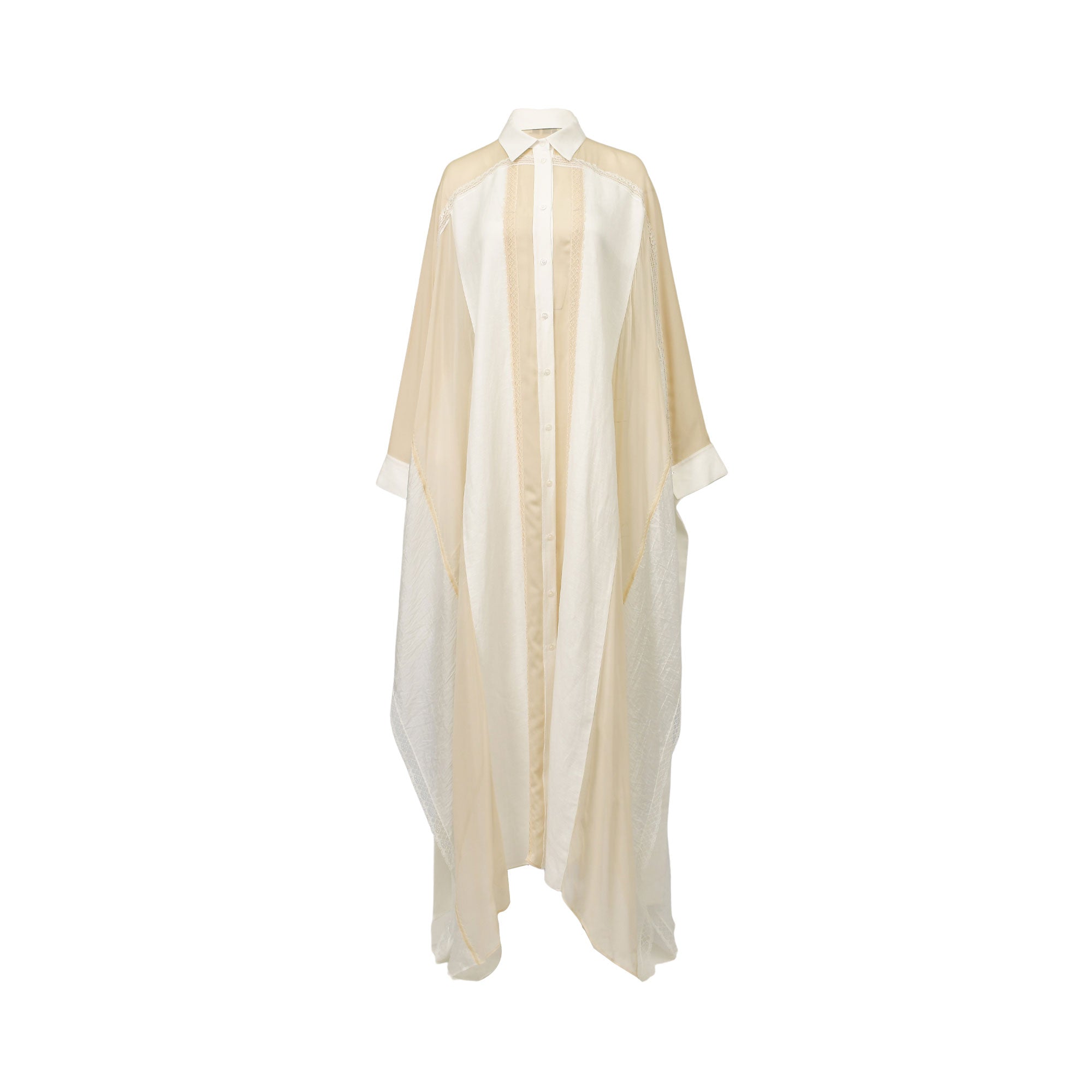 Baqa oversized shirt dress in beige, featuring a white collar, button placket, and cuffs, with sheer and textured panels.