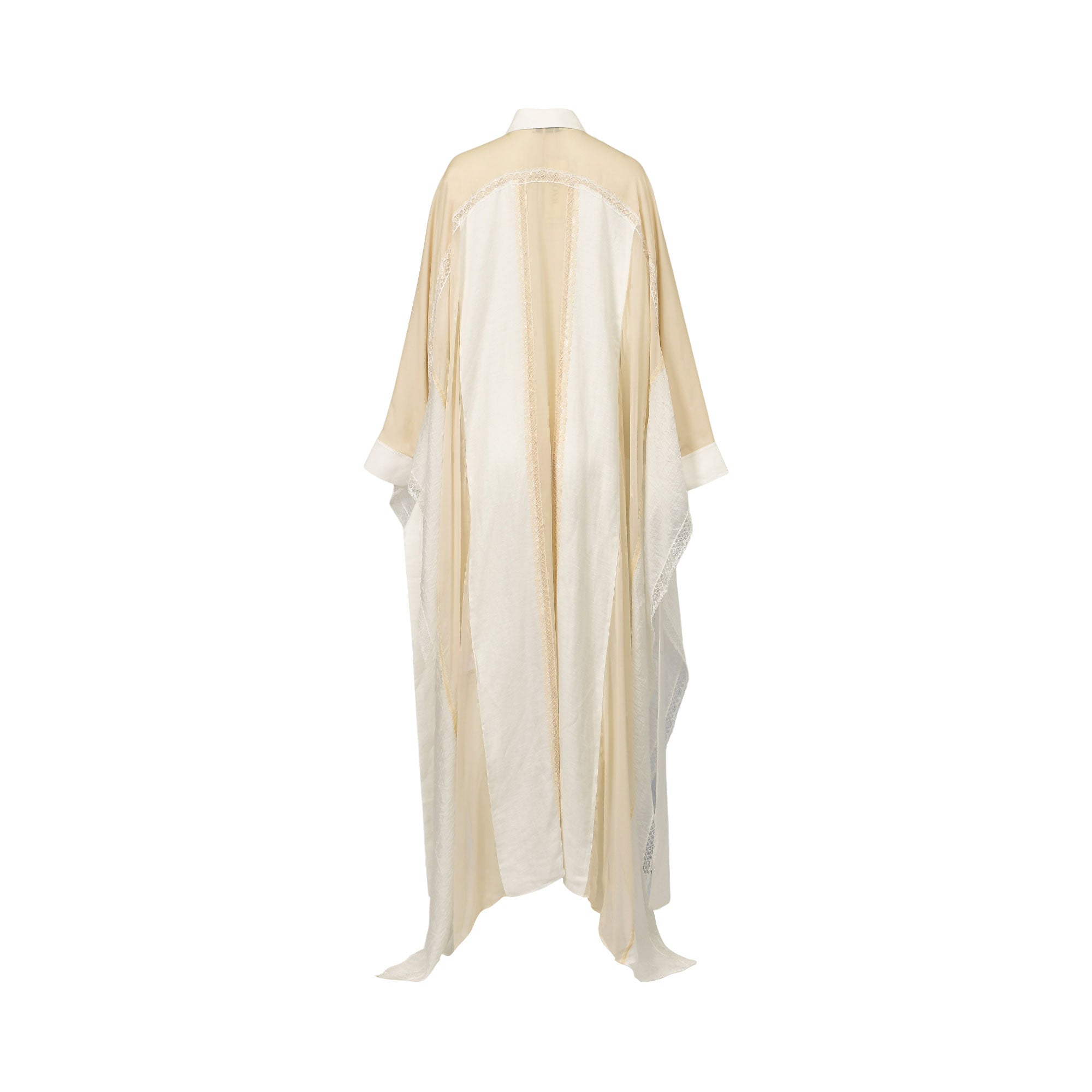 Beige and off-white long dress with a white collar and cuffs. Vertical panels of solid and sheer fabric with lace trim detail