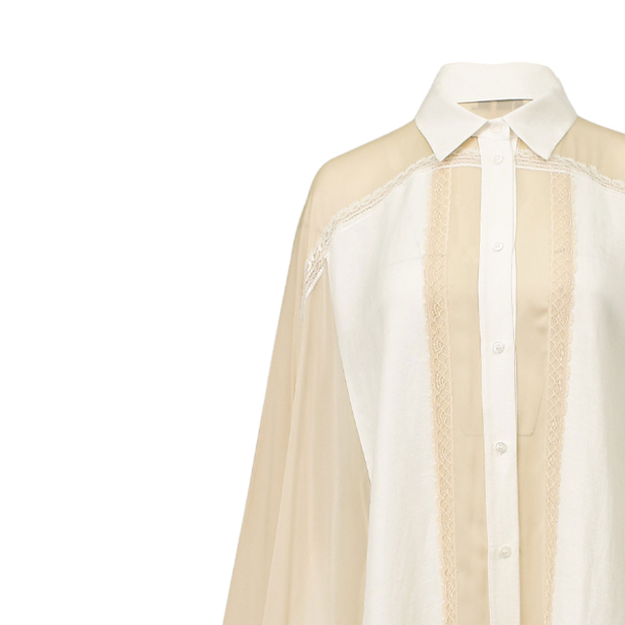 Beige and white shirt dress with a white collar, button-down front, vertical beige lace trim, and sheer beige sleeves.