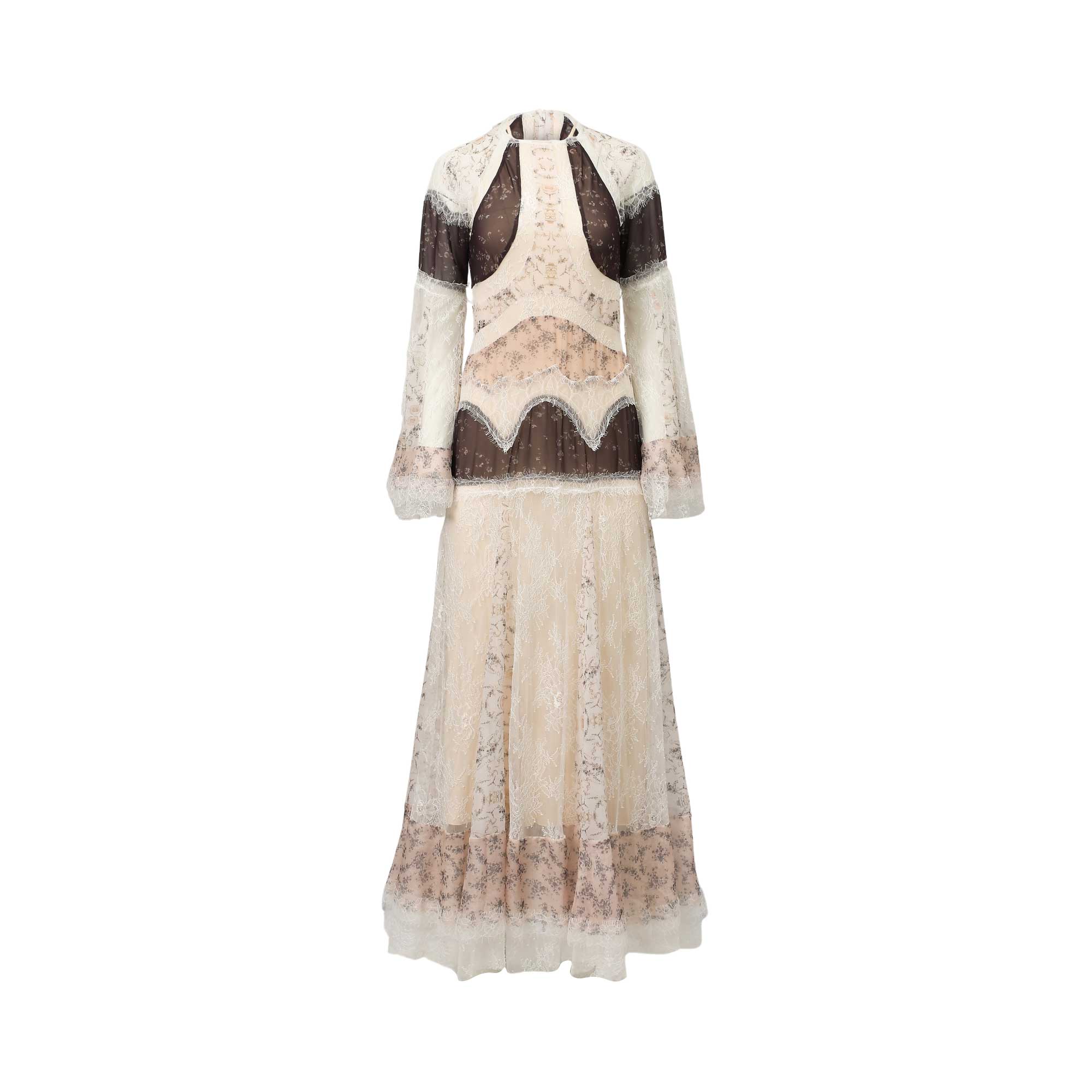 Cream and brown long dress with floral pattern, lace panels, high neck, and long bell sleeves.