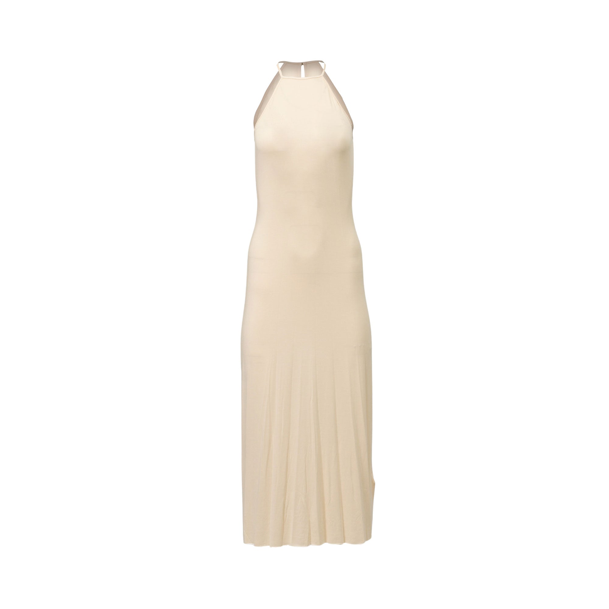 Light beige sleeveless halter neck maxi dress with a fitted bodice, flowing pleated skirt, and a small side slit.