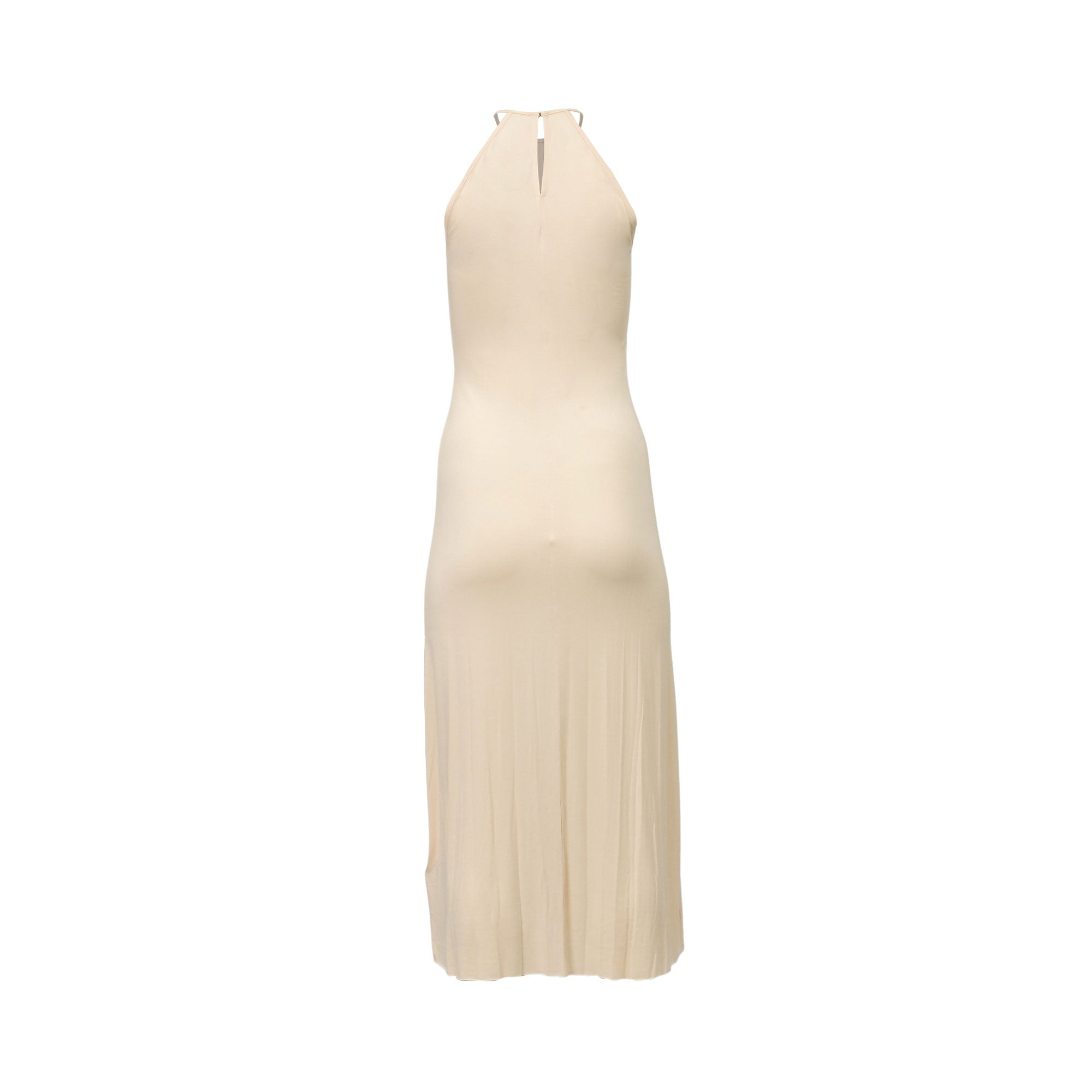 Creamy beige halter neck maxi dress with a keyhole back and a small button closure. The skirt is flowing with vertical pleats