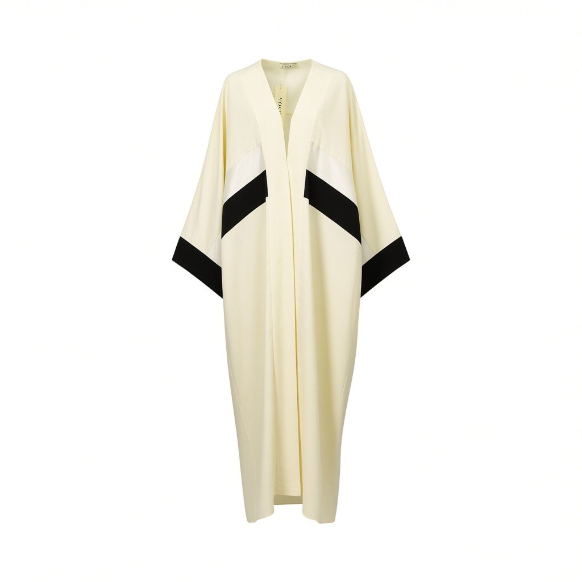 Bone-coloured abaya with an open front, wide sleeves, and black diagonal panels on the front and black cuffs.