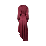 BAQA Burgundy satin maxi dress , featuring an asymmetric draped skirt and high neckline.
