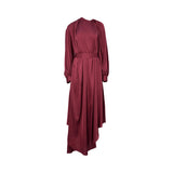 BAQA Burgundy satin maxi dress , featuring an asymmetric draped skirt and high neckline.