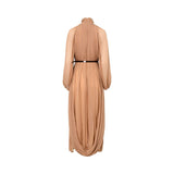 BAQA sandstone beige maxi dress with fine plissé pleating, a high neck, and a slim black belt on a white background.