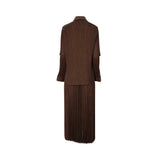 BAQA chocolate brown dress with micro-pleated fabric, a layered bodice design, and a long necktie against a white background.