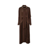 BAQA chocolate brown dress with micro-pleated fabric, a layered bodice design, and a long necktie against a white background.