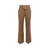 BAQA toffee brown tailored trousers featuring a unique asymmetric fold-over waistband with silver metallic bar accents.