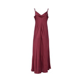 Front view of a BAQA burgundy maxi dress featuring a tie-neck scarf detail, long sleeves with smocked cuffs, and a wide smocked waistband on a white background.