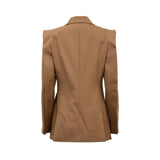 BAQA wrap blazer featuring exaggerated shoulders and a side-tie closure on a white background.