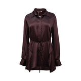 A deep plum satin shirt by BAQA, featuring tonal micro-stud embellishments, a pointed collar, and a slim waist tie against a white background.