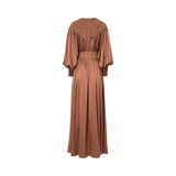 A terracotta-colored BAQA maxi dress featuring a V-shaped smocked chest detail and smocked waist on a white background.