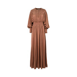 A terracotta-colored BAQA maxi dress featuring a V-shaped smocked chest detail and smocked waist on a white background.