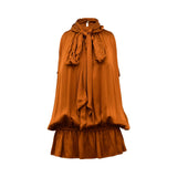 BAQA sleeveless satin burnt orange blouse with a large necktie and elasticated hem on a white background.