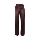 BAQA plum-colored satin wide-leg trousers with tonal crystal embellishments and an elasticated drawstring waist.