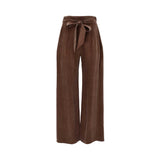 BAQA chocolate brown high-waisted wide-leg trousers featuring a matching fabric tie-belt at the waist and a soft, textured finish.