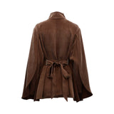  BAQA earth brown cape jacket featuring a high collar, storm flaps, and a matching waist belt on a white background.