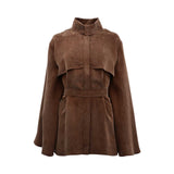  BAQA earth brown cape jacket featuring a high collar, storm flaps, and a matching waist belt on a white background.