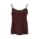 Front view of the matching plum satin camisole with thin spaghetti straps.