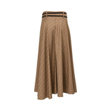 BAQA camel-colored maxi skirt with a black windowpane check pattern, featuring a high-waisted fit and two decorative dark brown belts with gold buckles.