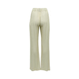 BAQA cream-colored wide-leg trousers with thin black pinstripes and structured front pleats.