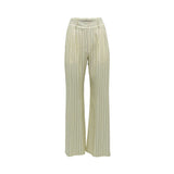 BAQA cream-colored wide-leg trousers with thin black pinstripes and structured front pleats.