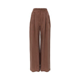 Front view of BAQA cinnamon brown wide-leg trousers featuring deep pleats and a high-rise fit.