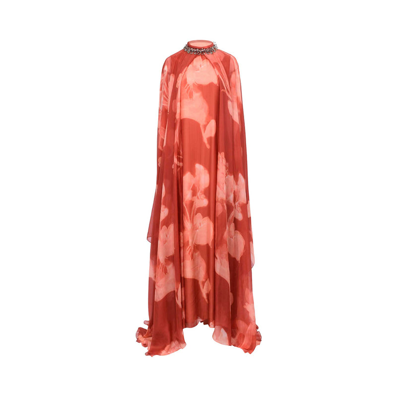 Front view of BAQA red floral maxi dress with a dramatic chiffon cape overlay and crystal-embellished high collar.