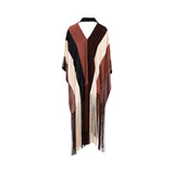 Back view of BAQA striped kaftan gown showing the V-neckline and the elegant drape of the fringed hem.