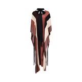 Front view of BAQA Earth-toned striped kaftan gown featuring diagonal panels, a neck-tie bow, and long fringe trim