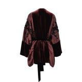 Back view of BAQA velvet kimono showing the tonal floral embroidery and architectural drap
