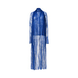 BAQA royal blue sheer lace longline overlay featuring floral patterns, long sleeves, and a flowing open-front silhouette.